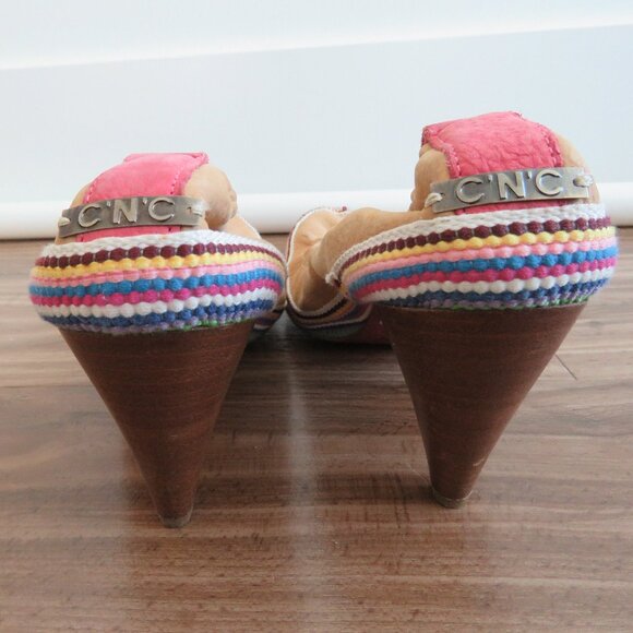 C.N.C COSTUME NATIONAL Tan Leather Boho Crochet Heeled Slip On Shoes - Size 9.5 - Picture 7 of 16